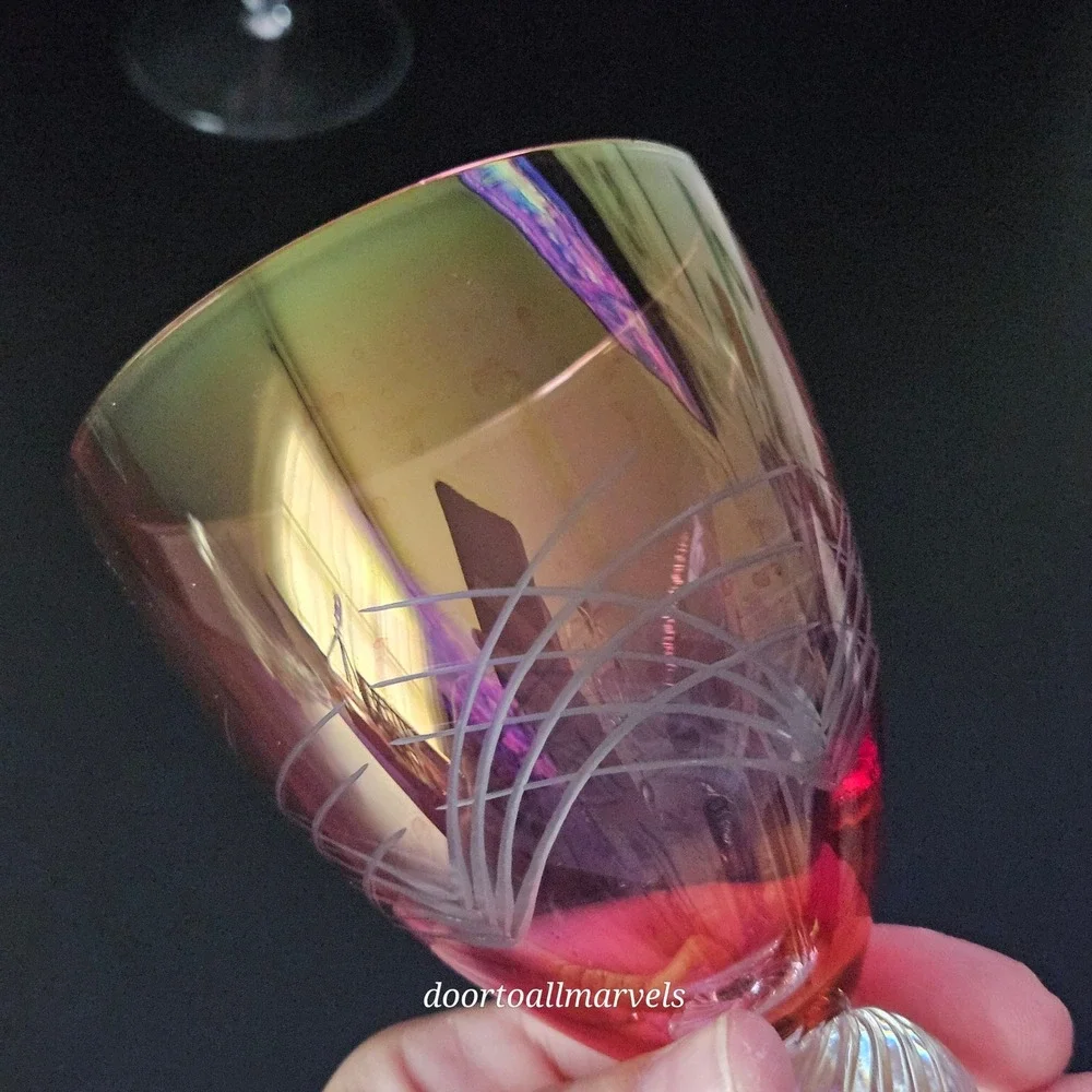 2 VTG Bohemian Hand-Blown Cranberry Cut-to-Clear Wine Glasses Optic Ball Stem
